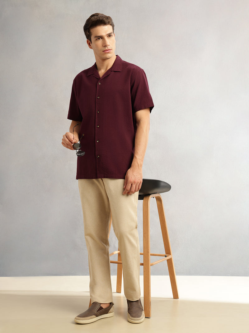Thomas Scott Men Wine Premium Oversized Fit Short Sleeves Cuban Collar 100% Cotton Seersucker Shirt