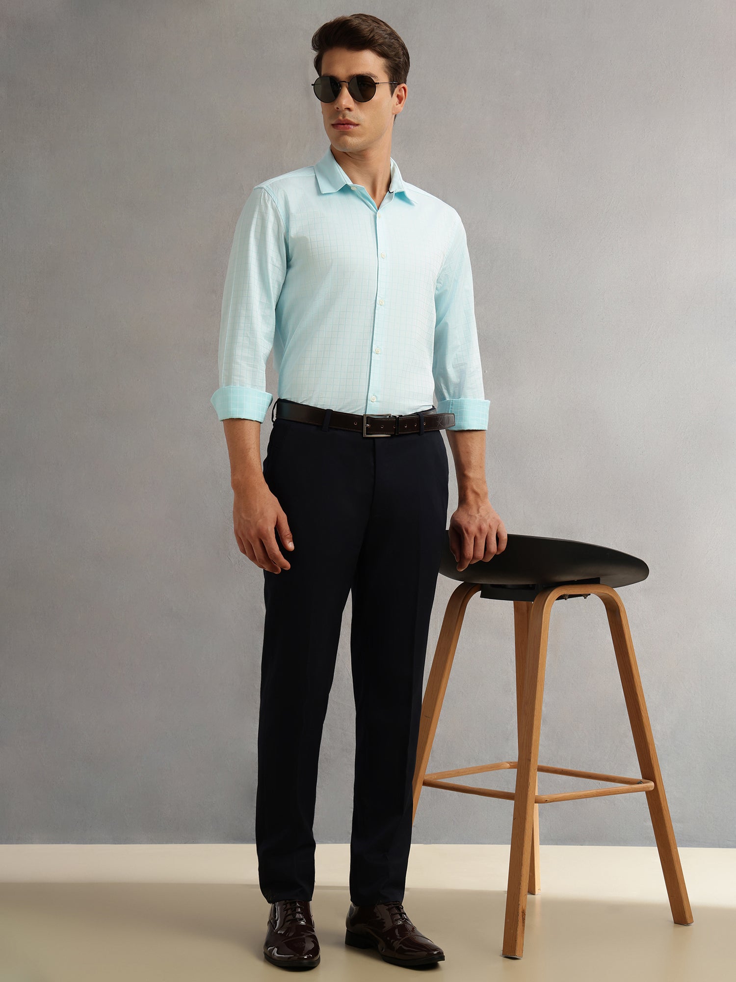 Thomas Scott Men Aqua Premium Long Sleeves Spread Collar Regular Fit Windowpane Checks 100% Cotton Formal Shirt