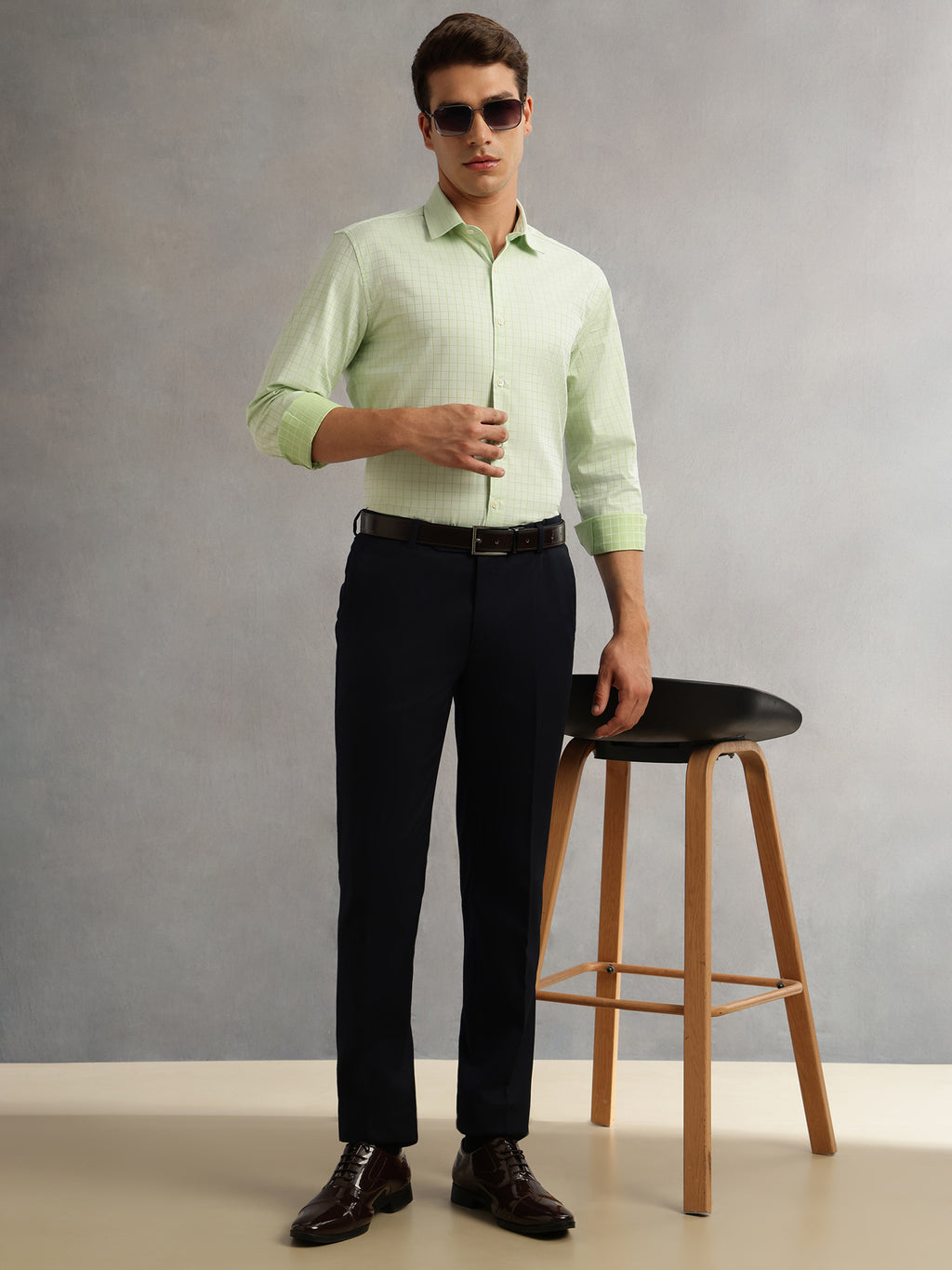 Thomas Scott Men Green Premium Long Sleeves Spread Collar Regular Fit Windowpane Checks 100% Cotton Formal Shirt