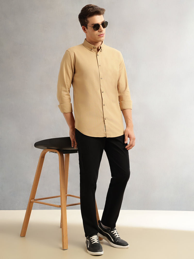 Thomas Scott Men Beige Long Regular Sleeves Slim Fit Button-Down Collar Solid Linen Casual Shirt