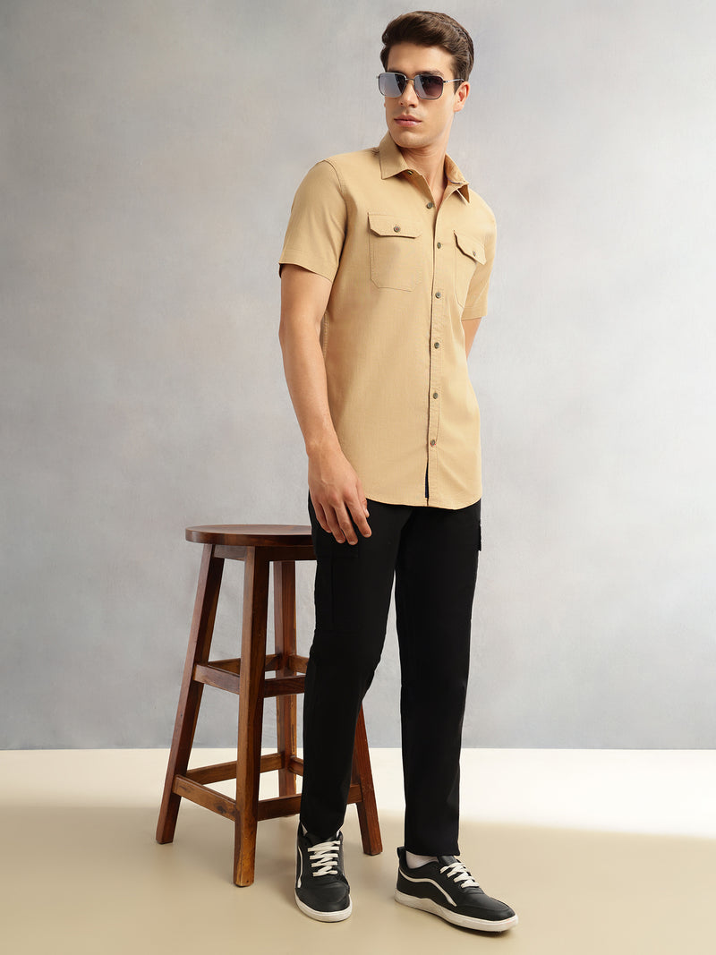 Thomas Scott Men Khaki Premium Short Sleeves Slim Fit Spread Collar 2 Flap Pockets Solid Cotton Linen Casual Shirt