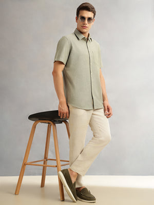 Dark Olive Premium Short Sleeves Slim Fit Spread Collar Solid Cotton Linen Casual Shirt For Men