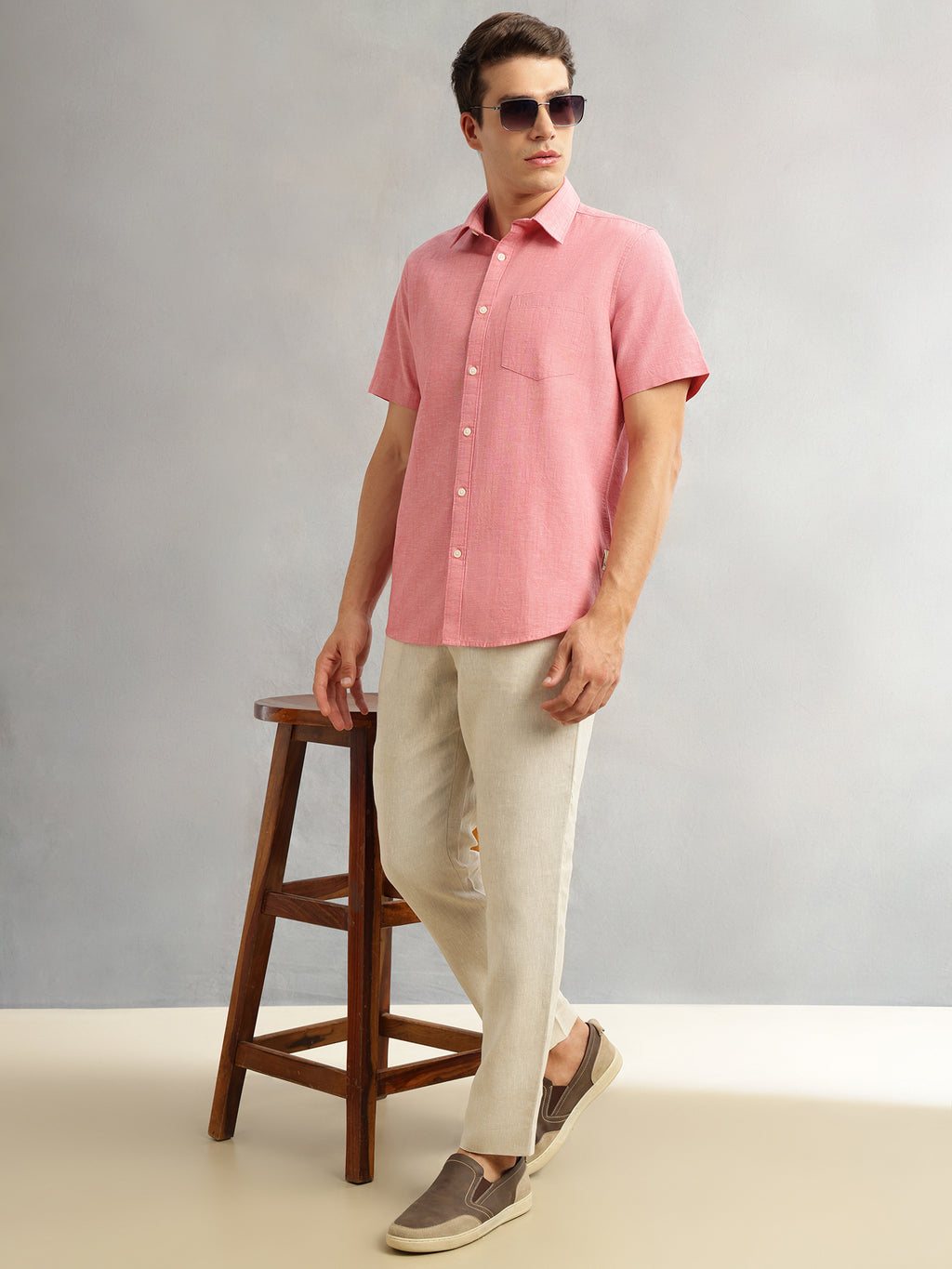 Thomas Scott Men Red Premium Short Sleeves Slim Fit Spread Collar Solid Cotton Linen Casual Shirt