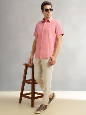 Red Premium Short Sleeves Slim Fit Spread Collar Solid Cotton Linen Casual Shirt For Men
