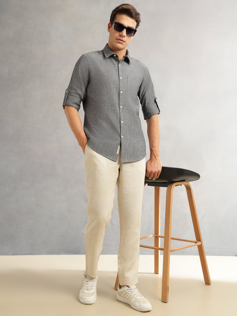 Thomas Scott Men Black Premium Slim Fit Long Roll-Up Sleeves Spread Collar Solid Linen Casual Shirt