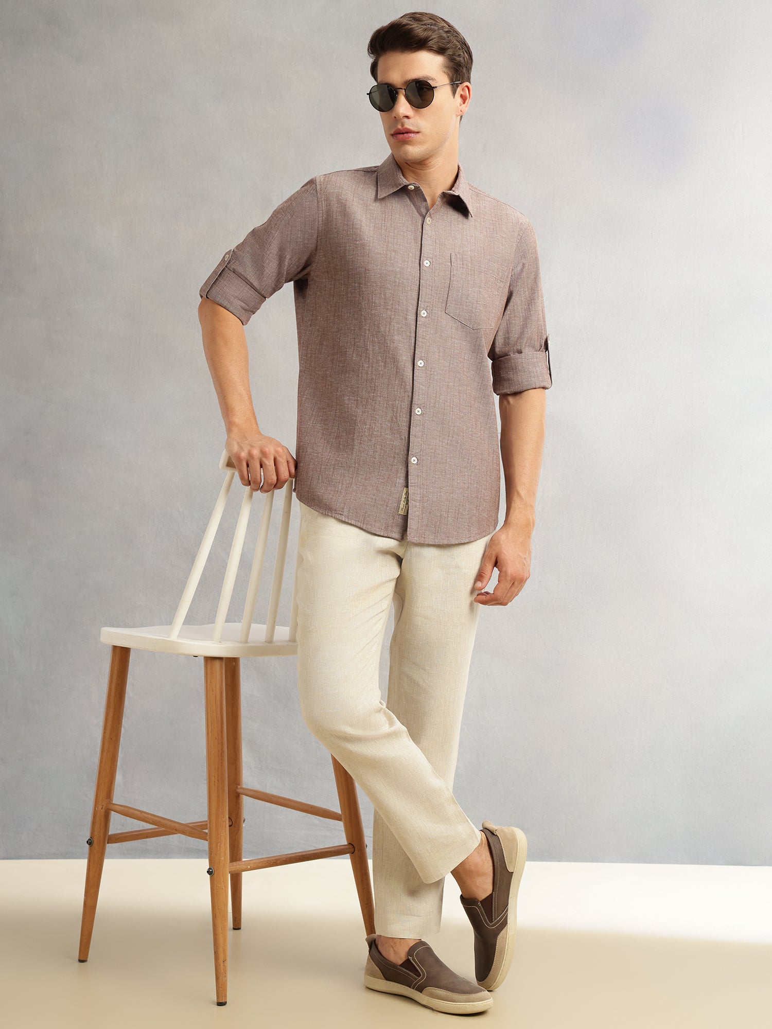 Thomas Scott Men Brown Premium Slim Fit Long Roll-Up Sleeves Spread Collar Solid Linen Casual Shirt