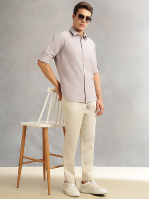 Thomas Scott Men Light Grey Premium Slim Fit Long Roll-Up Sleeves Spread Collar Solid Linen Casual Shirt