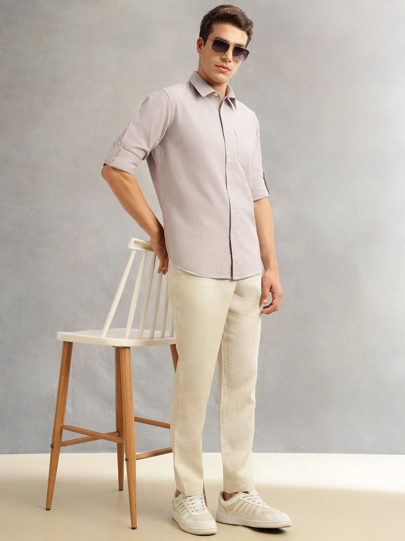 Thomas Scott Men Light Grey Premium Slim Fit Long Roll-Up Sleeves Spread Collar Solid Linen Casual Shirt
