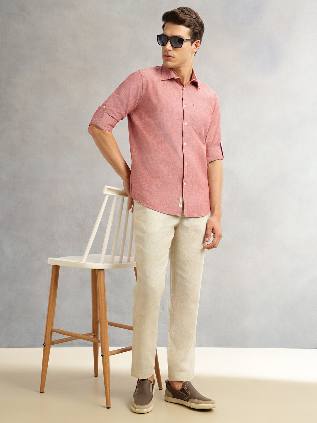 Thomas Scott Men Maroon Premium Slim Fit Long Roll-Up Sleeves Spread Collar Solid Linen Casual Shirt