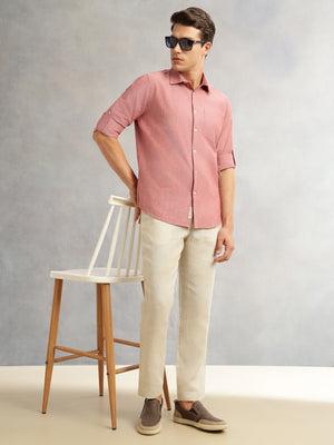 Thomas Scott Men Maroon Premium Slim Fit Long Roll-Up Sleeves Spread Collar Solid Linen Casual Shirt