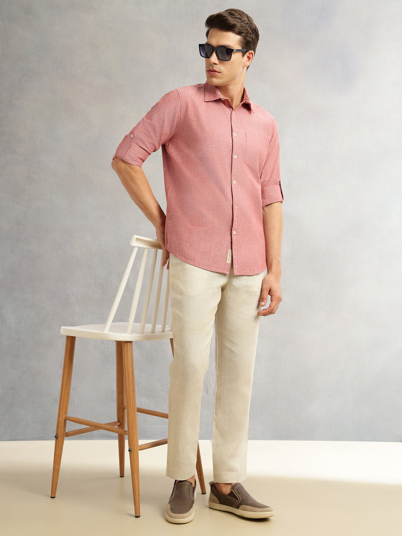 Thomas Scott Men Maroon Premium Slim Fit Long Roll-Up Sleeves Spread Collar Solid Linen Casual Shirt