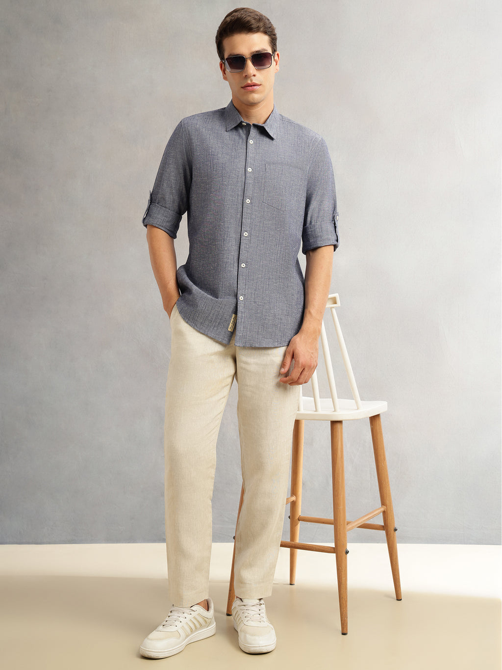 Thomas Scott Men Navy1 Premium Slim Fit Long Roll-Up Sleeves Spread Collar Solid Linen Casual Shirt