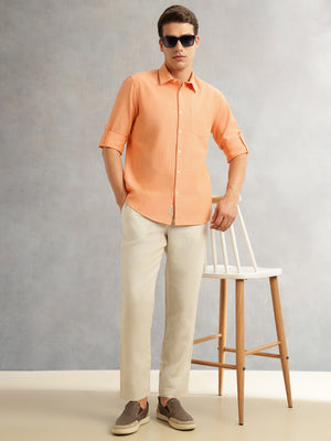 Thomas Scott Men Orange Premium Slim Fit Long Roll-Up Sleeves Spread Collar Solid Linen Casual Shirt
