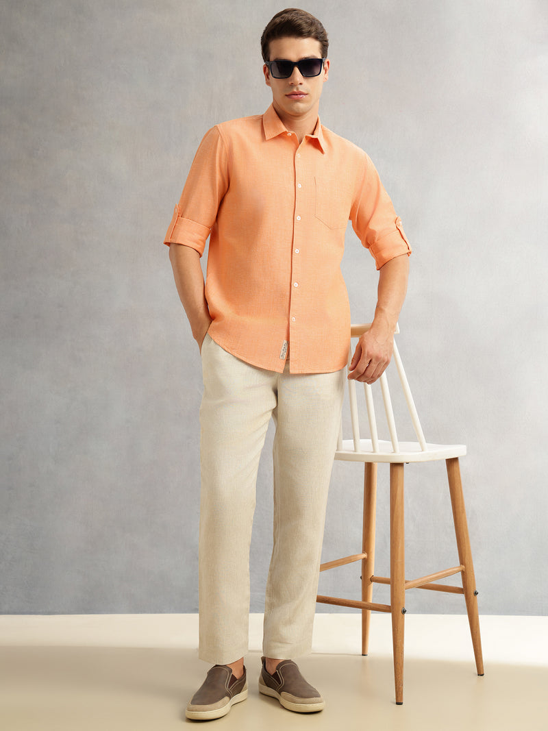 Thomas Scott Men Orange Premium Slim Fit Long Roll-Up Sleeves Spread Collar Solid Linen Casual Shirt