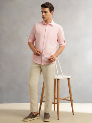Pink Premium Slim Fit Long Roll-Up Sleeves Spread Collar Solid Linen Casual Shirt For Men