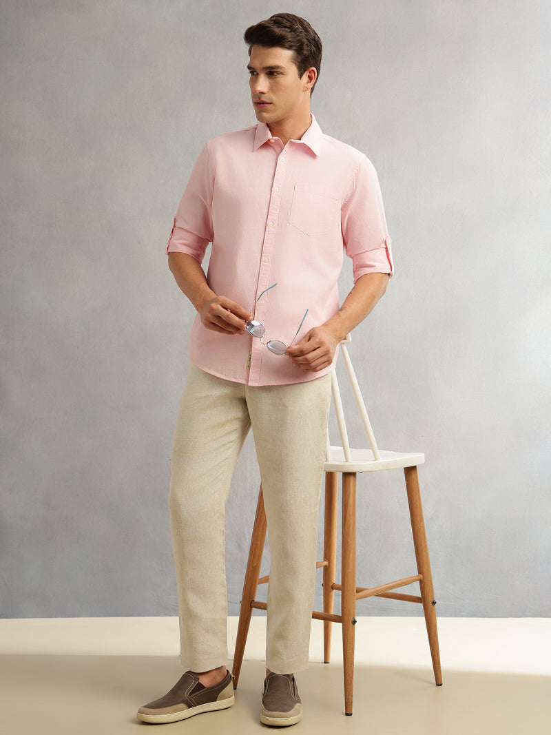Thomas Scott Men Pink Premium Slim Fit Long Roll-Up Sleeves Spread Collar Solid Linen Casual Shirt