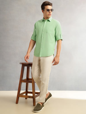Thomas Scott Men Pista Premium Slim Fit Long Roll-Up Sleeves Spread Collar Solid Linen Casual Shirt