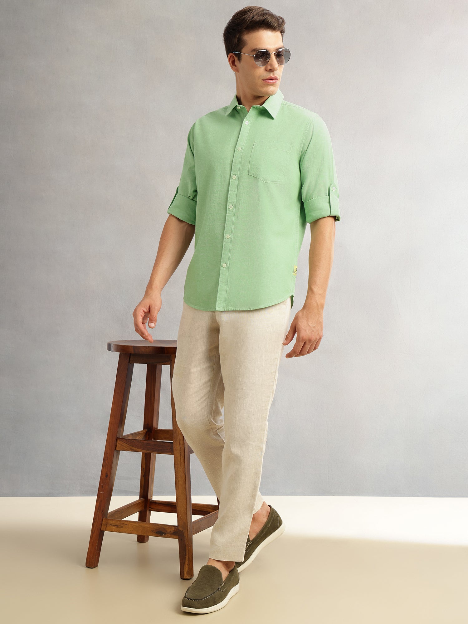Thomas Scott Men Pista Premium Slim Fit Long Roll-Up Sleeves Spread Collar Solid Linen Casual Shirt