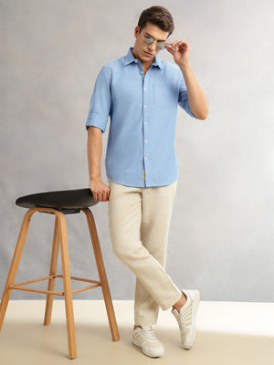 Royal Blue Premium Slim Fit Long Roll-Up Sleeves Spread Collar Solid Linen Casual Shirt For Men