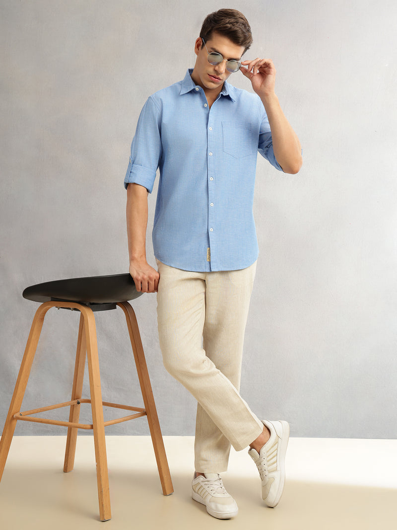 Thomas Scott Men Royal Blue Premium Slim Fit Long Roll-Up Sleeves Spread Collar Solid Linen Casual Shirt