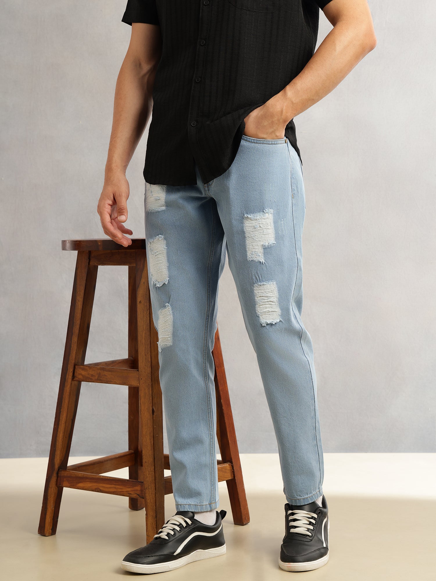 Thomas Scott Men Light Blue Smart Slim Fit Light Wash Highly Distressed Non Stretchable Jeans