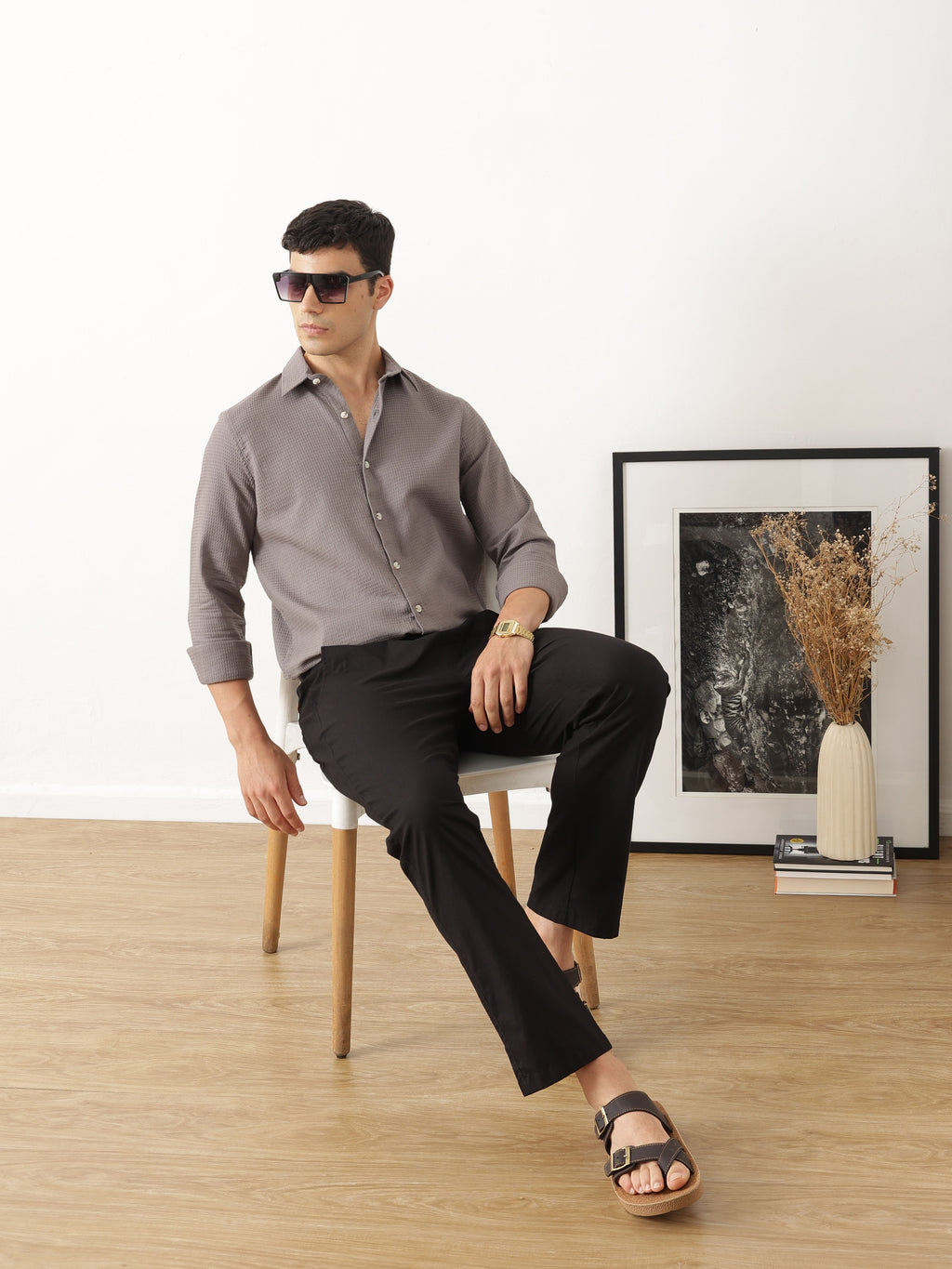 Thomas Scott Men Smart Black Regular Fit Mid-Rise Solid Woven Cotton Linen Trouser
