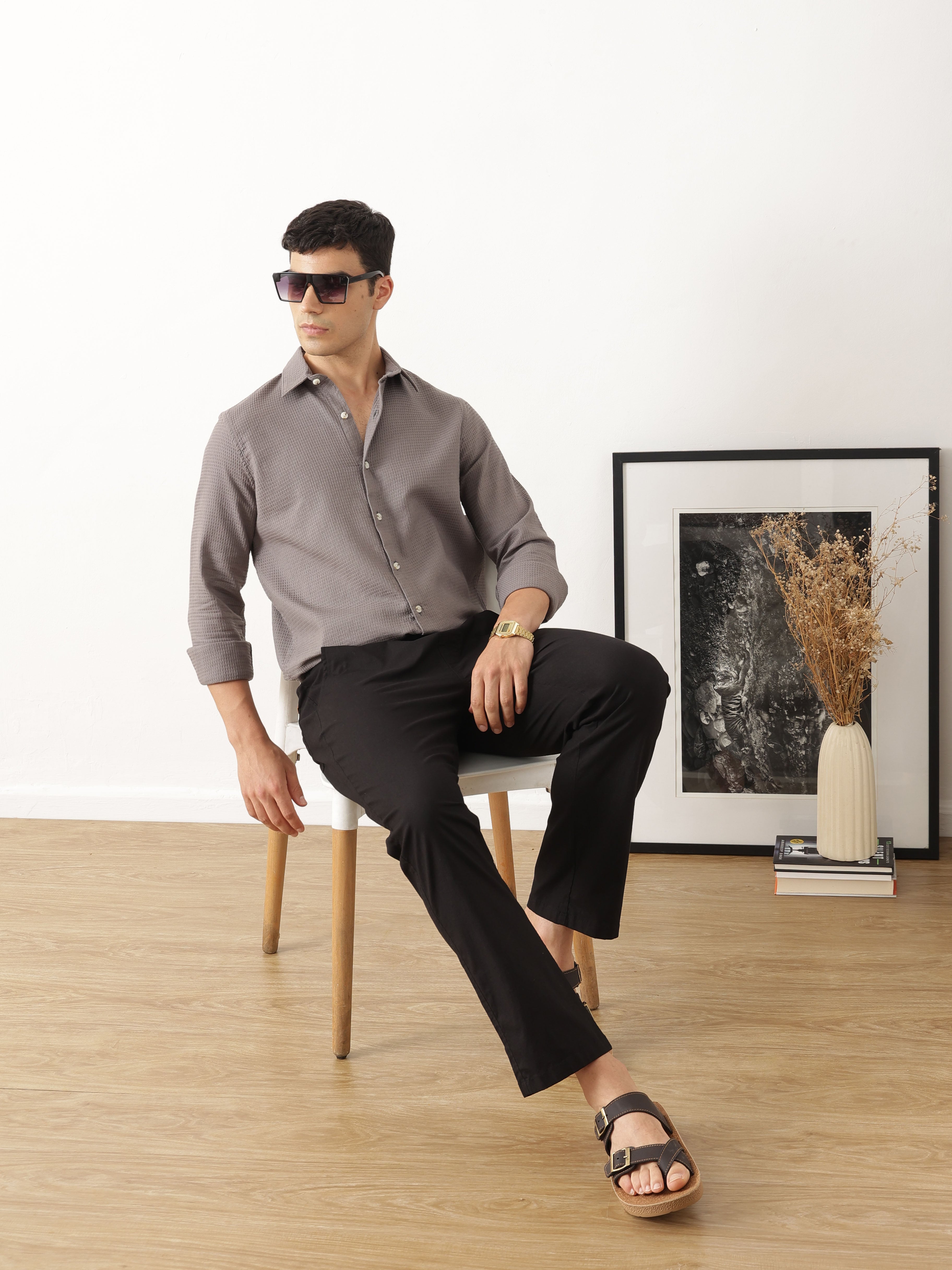 Thomas Scott Men Smart Black Regular Fit Mid-Rise Solid Woven Cotton Linen Trouser