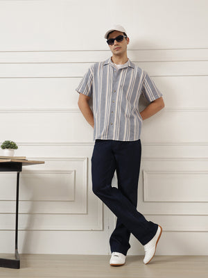 Blue Oversized Fit Vertical Stripes Cuban Collar Cotton Linen Casual Shirt For Men