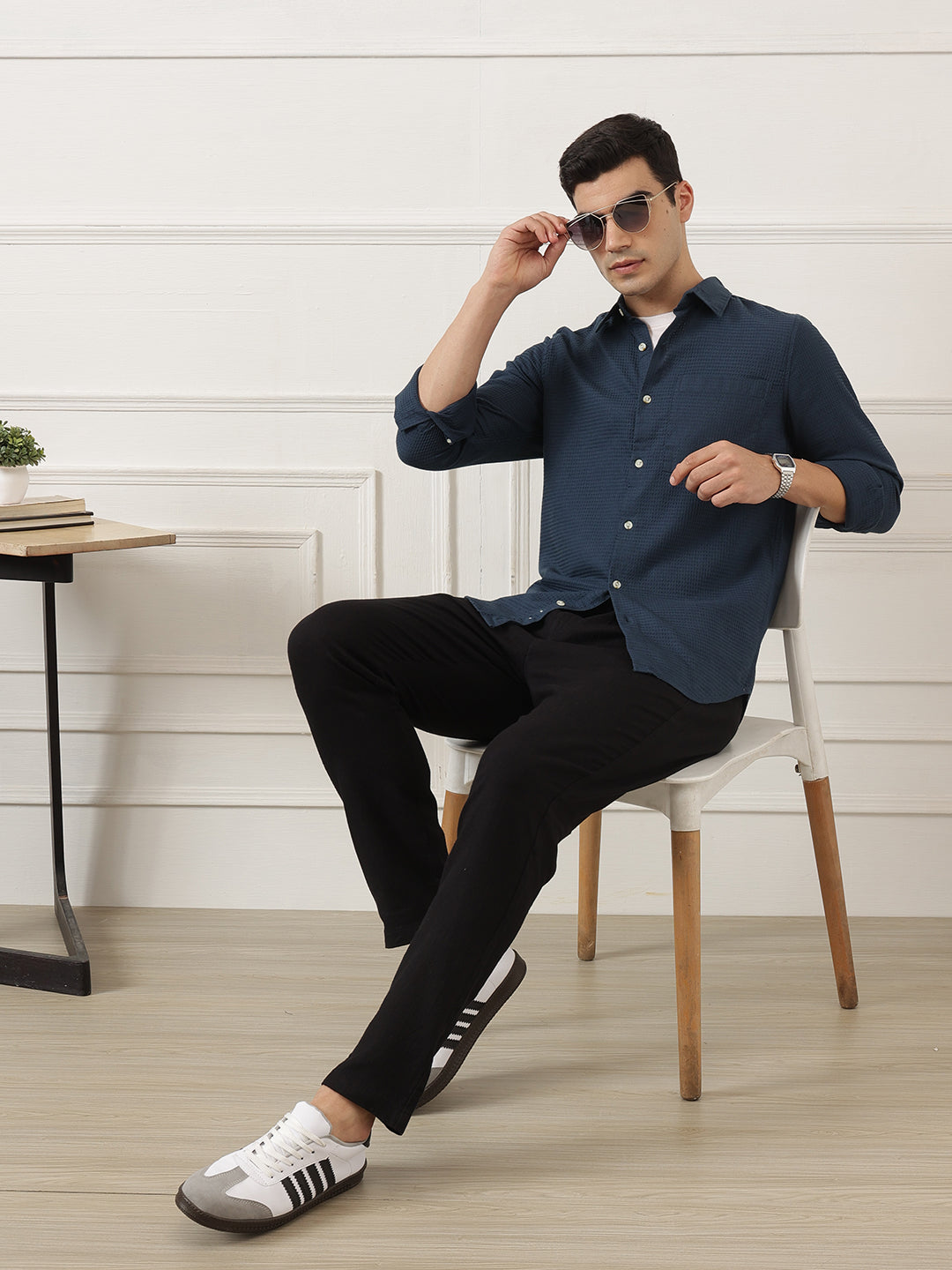 Teal Blue Premium Regular Fit Long Sleeves Spread Collar Textured Cotton Casual Shirt For Men