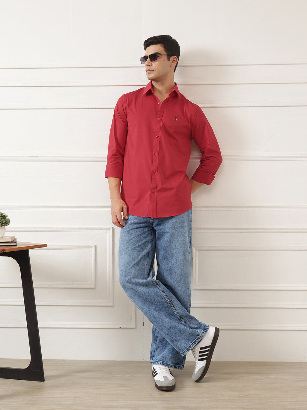 Red Premium Regular Fit Spread Collar Full Sleeve Solid Cotton Casual Shirt For Men