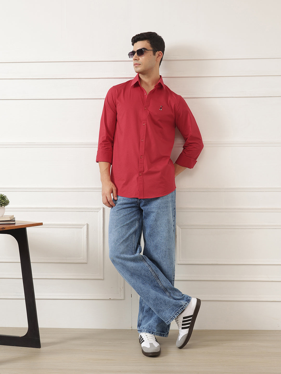 Red Premium Regular Fit Spread Collar Full Sleeve Solid Cotton Casual Shirt For Men