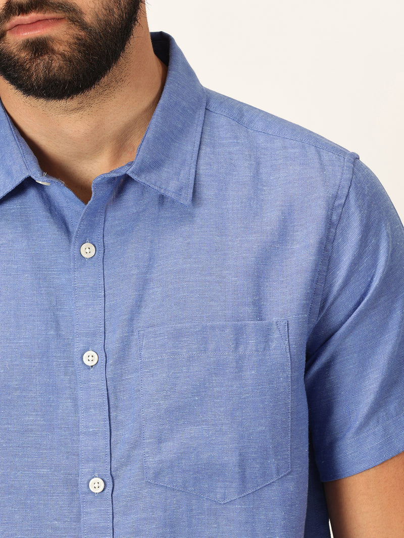 Thomas Scott Men Blue Premium Slim Fit Short Sleeves Spread Collar Solid Cotton Linen Casual Shirt