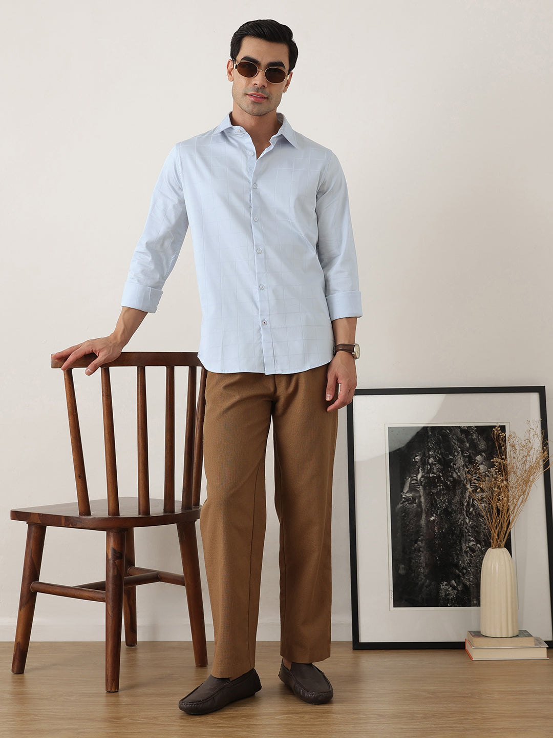 Thomas Scott Men Premium Sky Blue Regular Fit Long Sleeves Spread Collar Windowpane Checks Cotton Lycra Casual Shirt