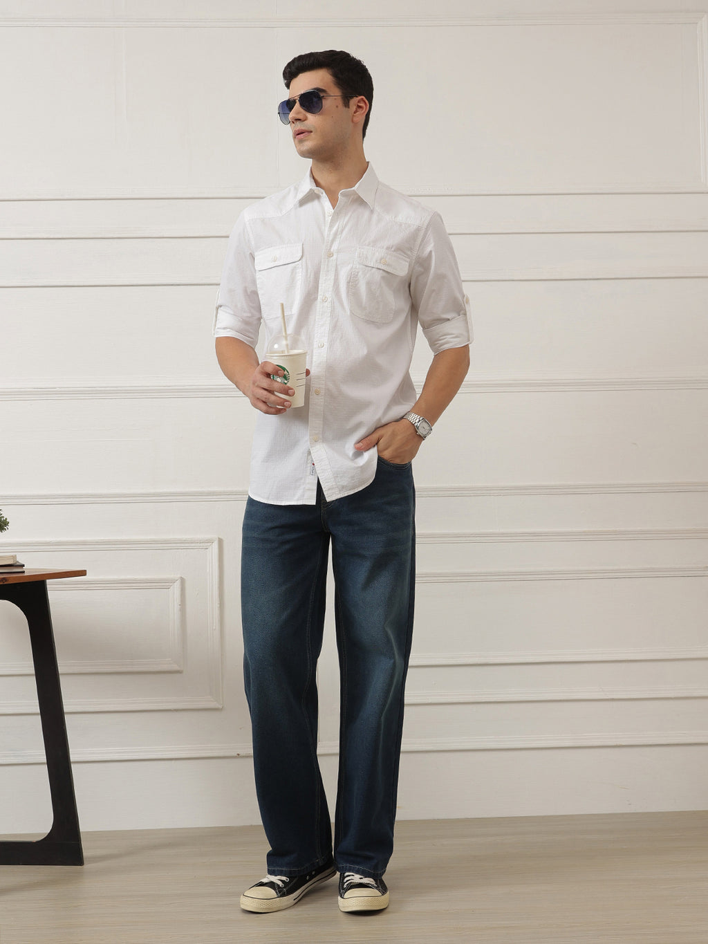 White Optical Roll-Up Sleeve Regular Fit Spread Collar Textured Cotton Casual Shirt For Men