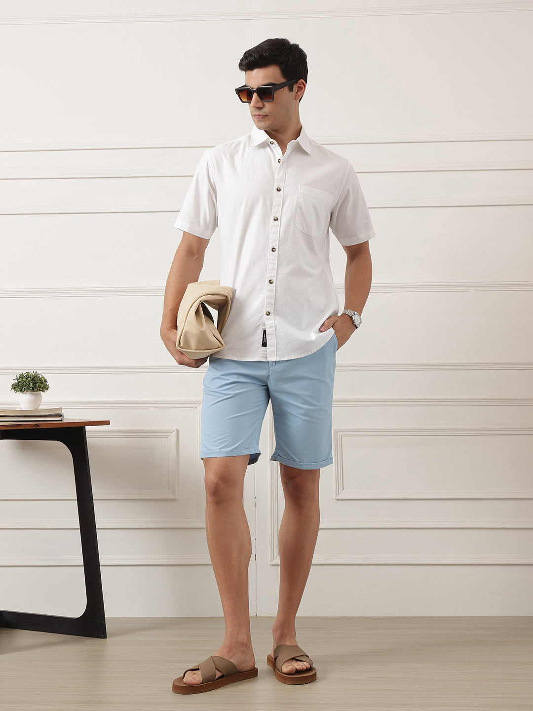 Optical White Regular Fit Short Sleeve Spread Collar Solid Oxford Cotton Casual Shirt For Men
