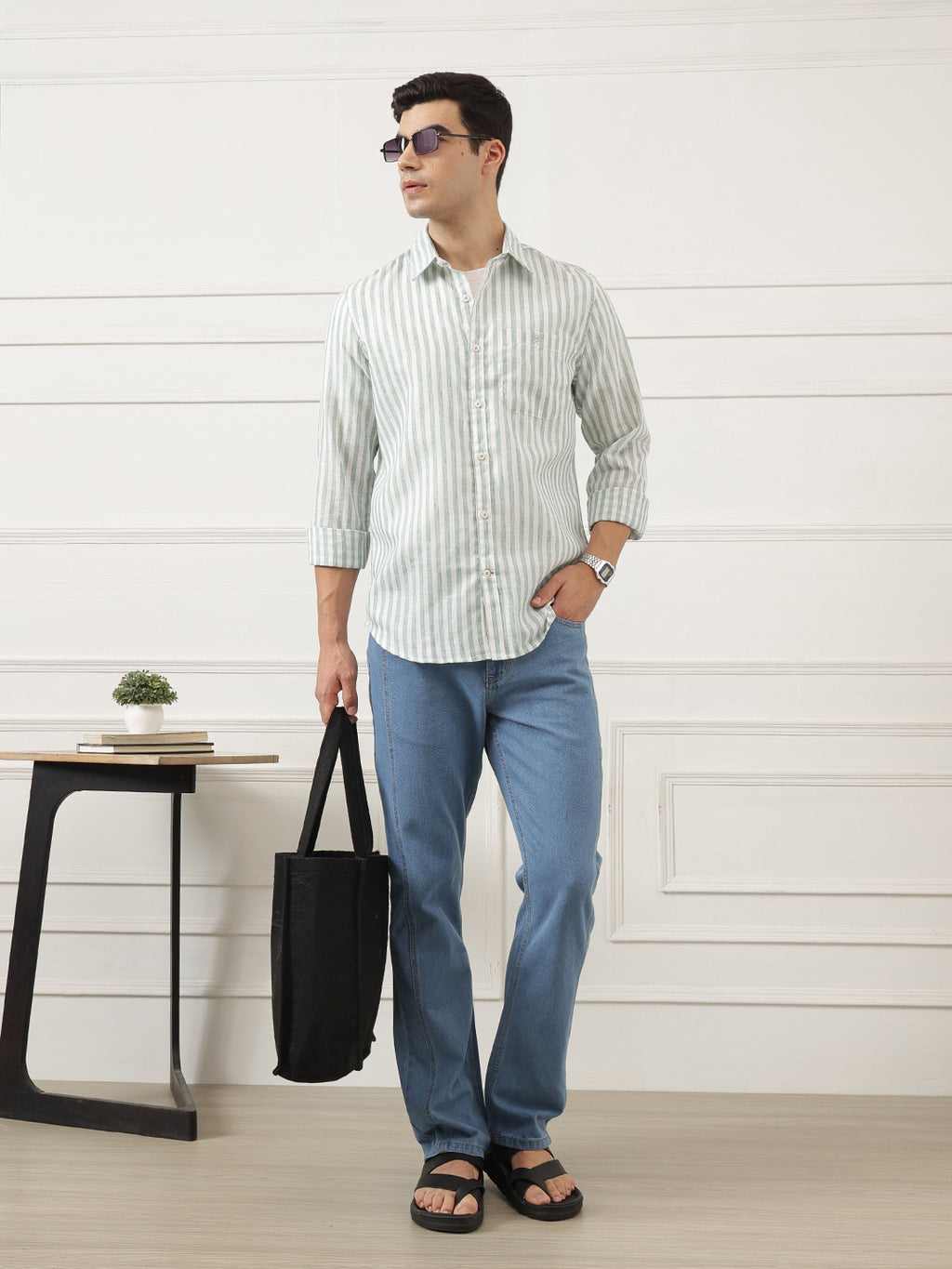 Green Premium Regular Fit Long Sleeves Vertical Striped Cotton Linen Casual Shirt For Men