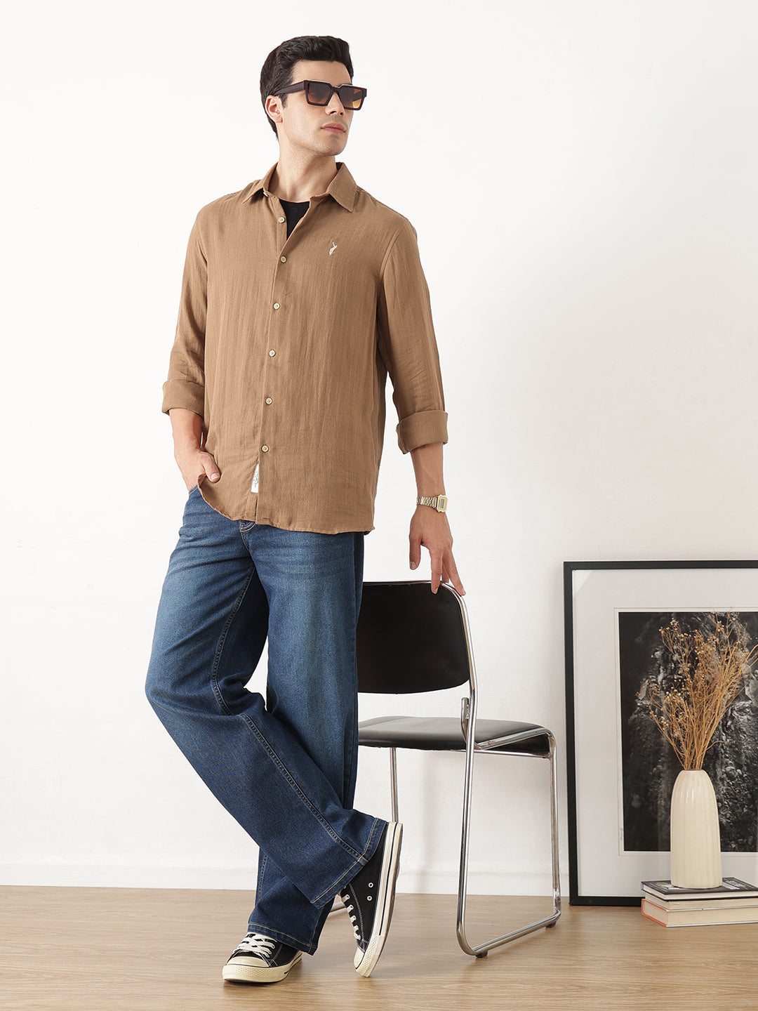 Brown Premium Regular Fit Long Sleeves Spread Collar Solid Cotton Casual Shirt For Men