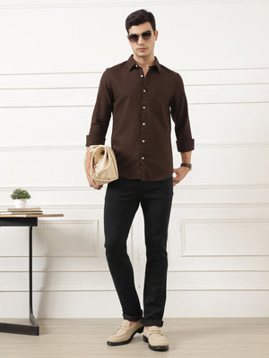 Brown Premium Regular Fit Long Sleeves Spread Collar Textured Cotton Casual Shirt For Men