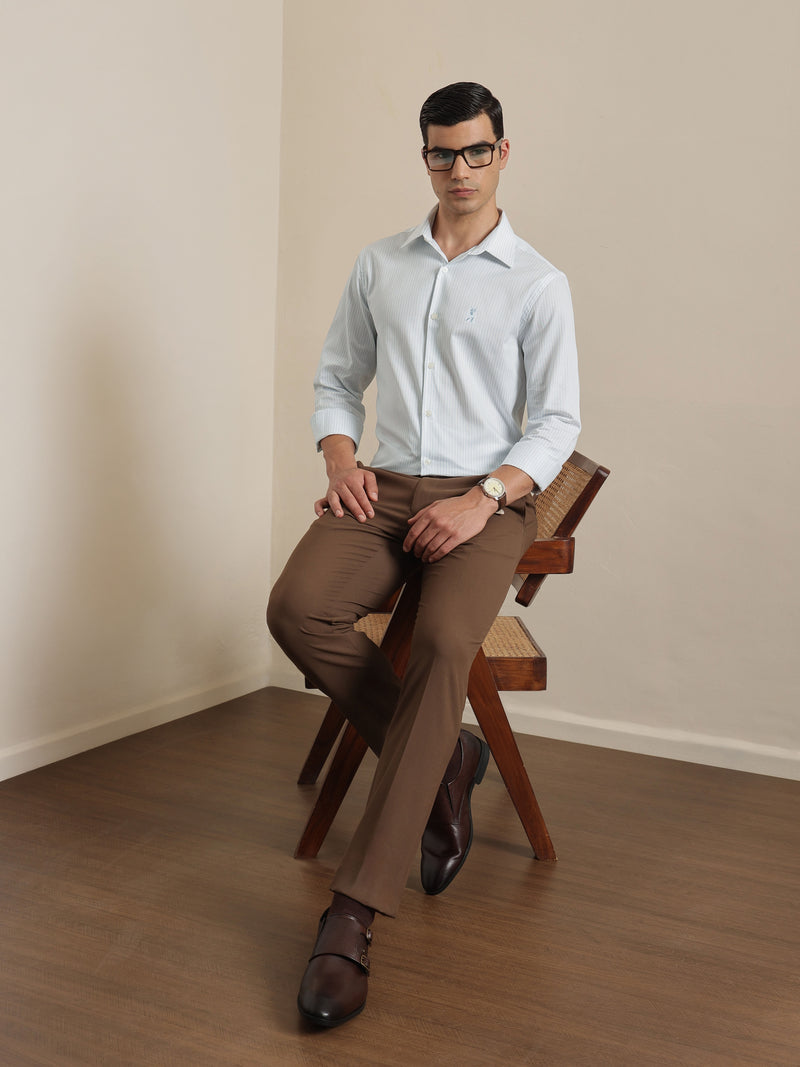 Thomas Scott Men Premium Blue Vertical Stripes Cotton Formal Shirt with Spread Collar & Full Sleeves