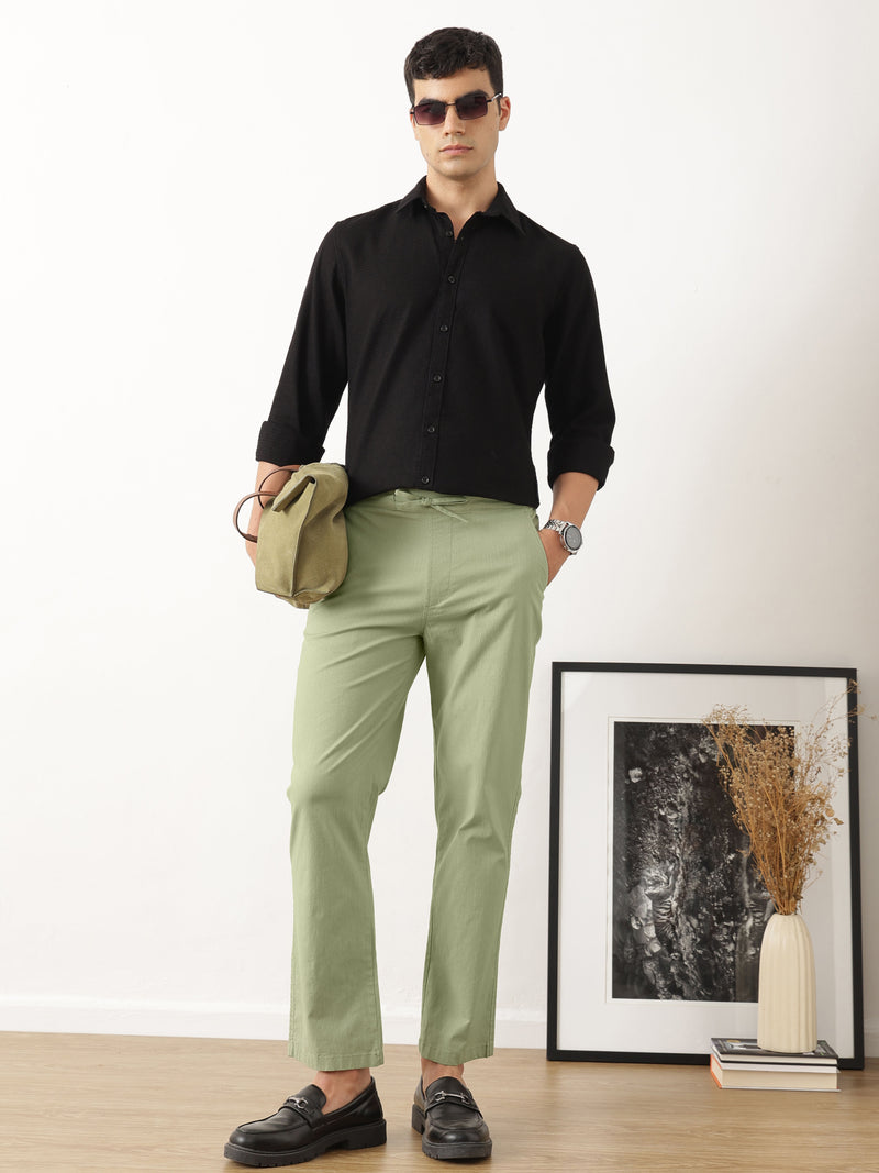 Thomas Scott Men Smart Olive Regular Fit Mid-Rise Solid Woven Cotton Linen Trouser