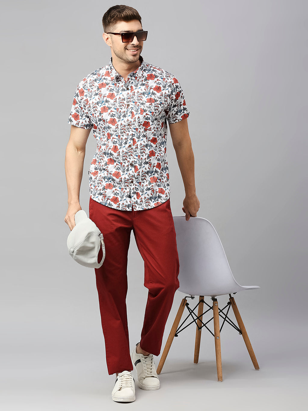 Thomas Scott Men White 2 Classic Short Sleeves Slim Fit Spread Collar Floral Printed Cotton Casual Shirt