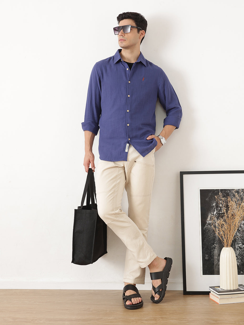 Royal Blue Premium Regular Fit Long Sleeves Spread Collar Solid Cotton Casual Shirt For Men