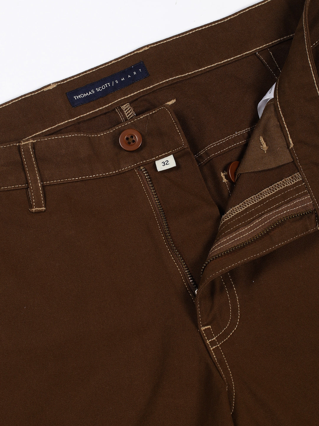 Thomas Scott Men Brown Smart Regular Fit Mid-Rise Solid Cotton Woven Trouser