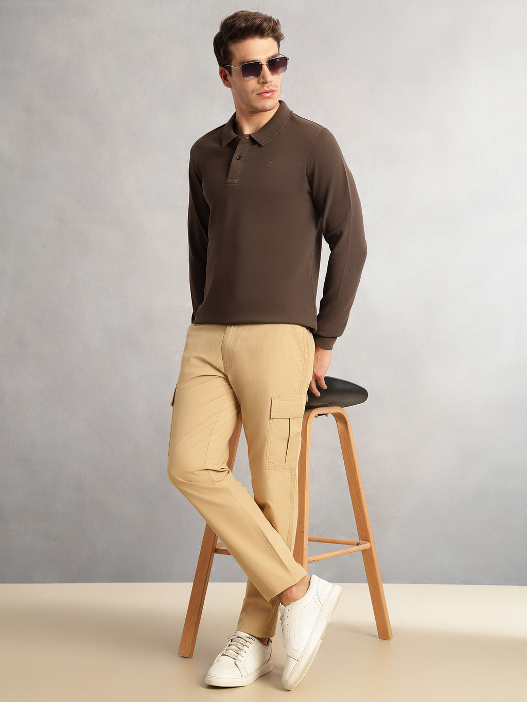 Beige Cricket Club Collection Straight Fit Solid 4 Pockets Design Woven Cargo Trouser