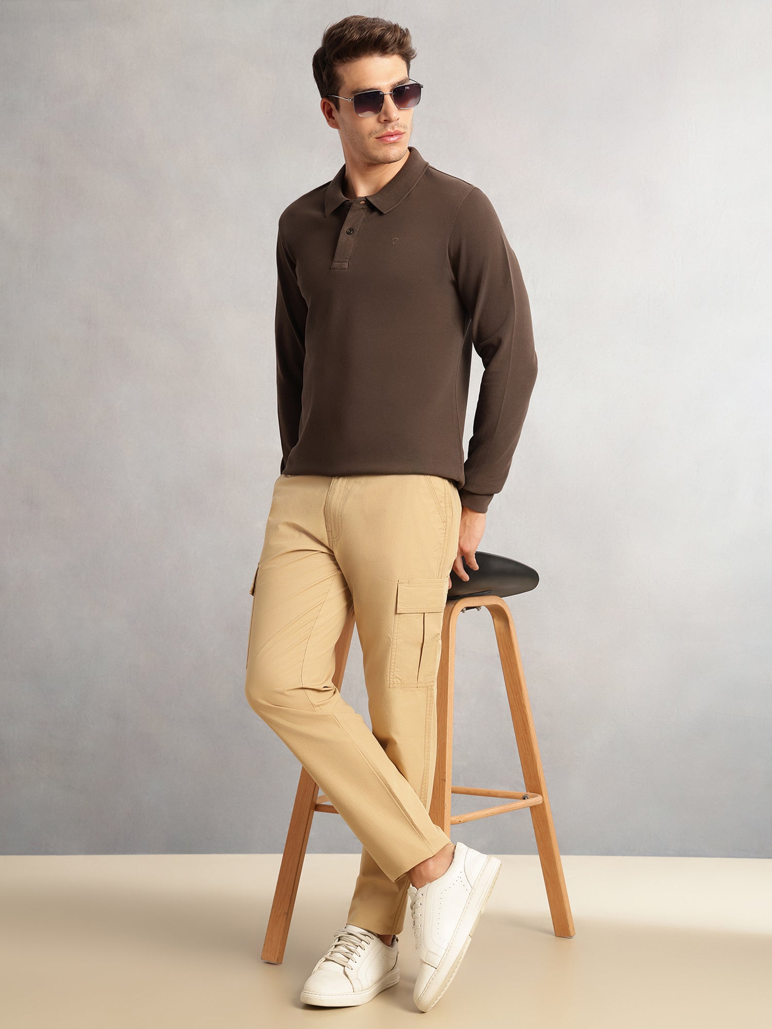 Beige Cricket Club Collection Straight Fit Solid 4 Pockets Design Woven Cargo Trouser