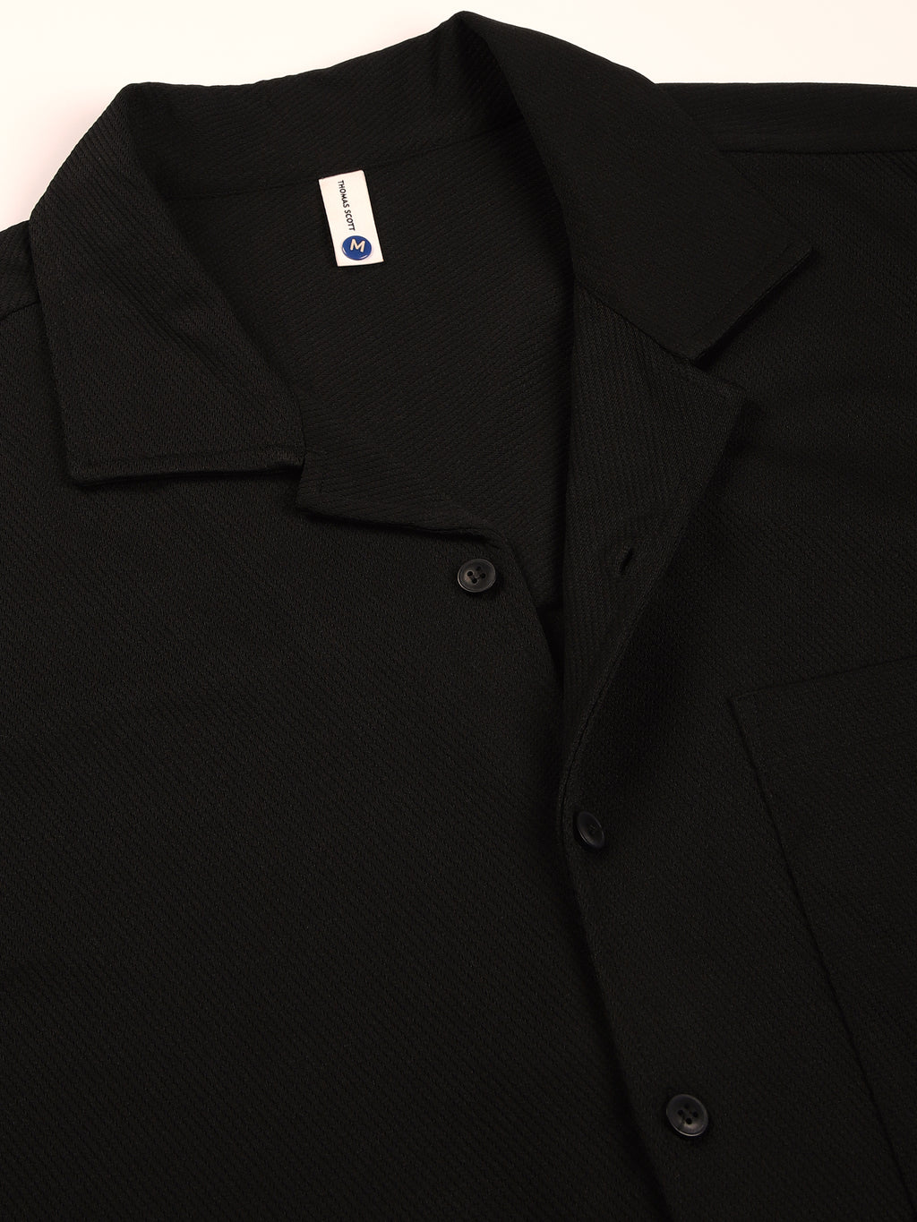 Thomas Scott Men Black Premium Short Sleeves Regular Fit Cuban Collar Textured Cotton Twill Shirt