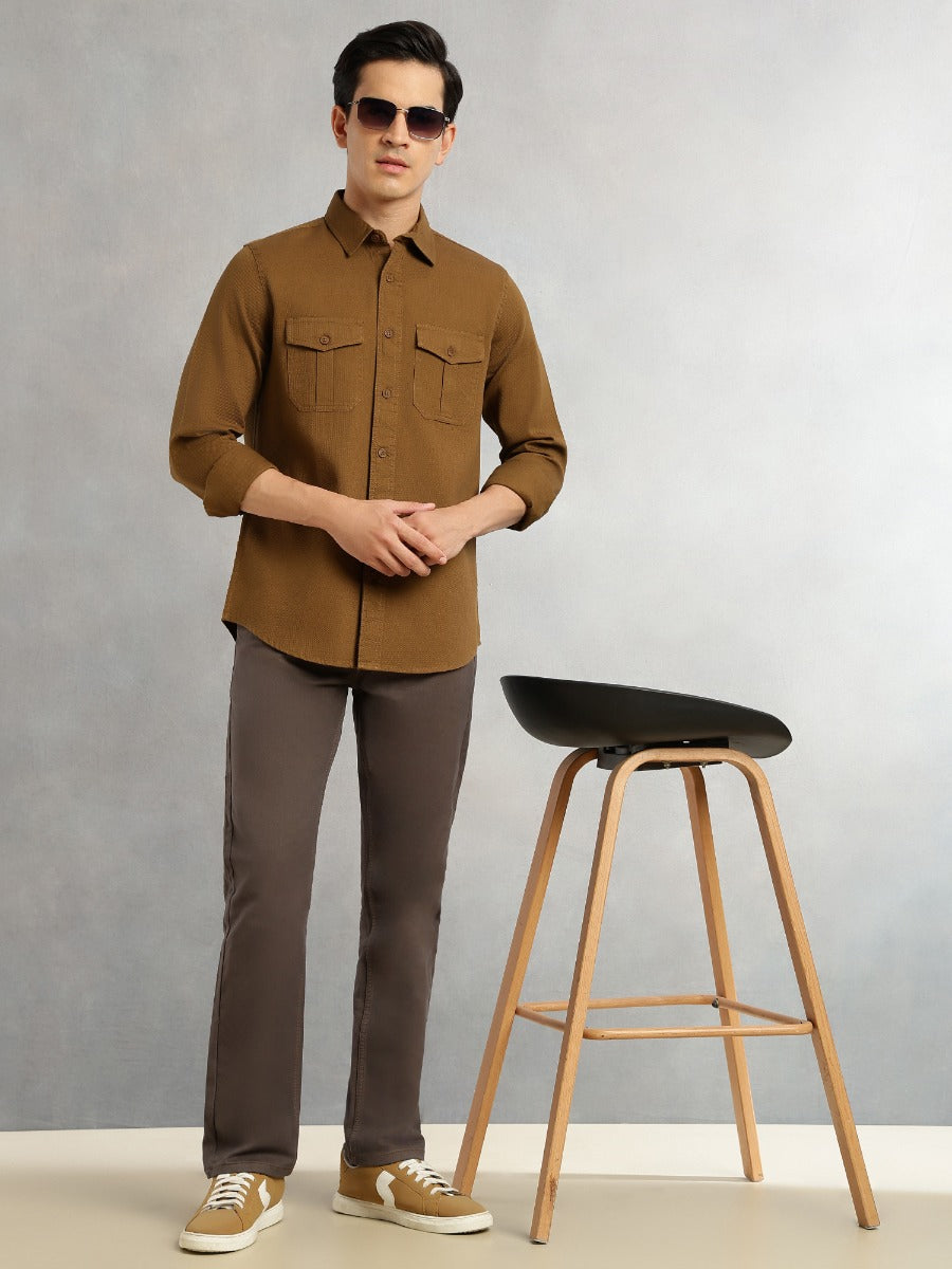 Thomas Scott Men Khaki Cricket Club Collection Men Slim Fit Cotton Casual Shirt-Dual Flap Pocket