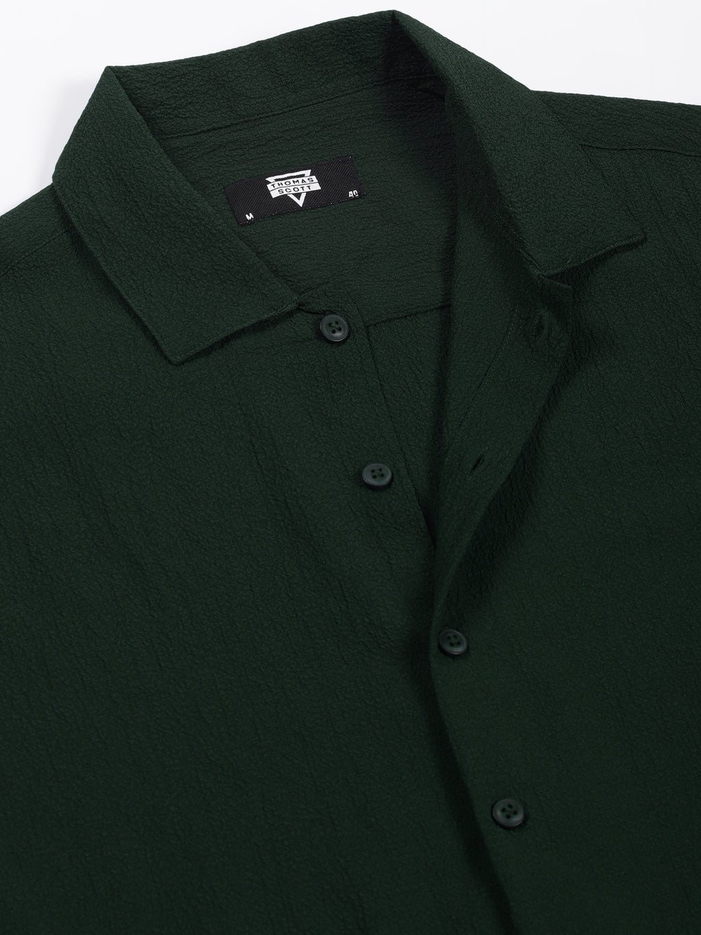 Thomas Scott Men Bottle Green Premium Short Sleeves Regular Fit Spread Collar Textured Seersucker Shirt