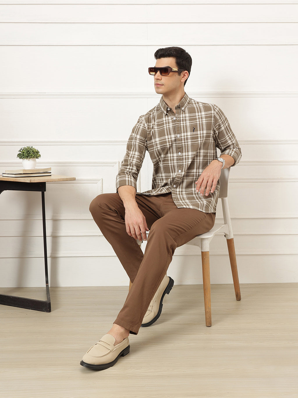 Brown Premium Regular Fit Tartan Checks Cotton Linen Shirt For Men