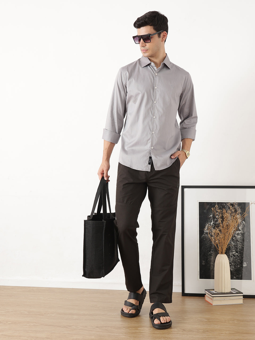 Grey Premium Slim Fit Solid Cotton Casual Shirt For Men